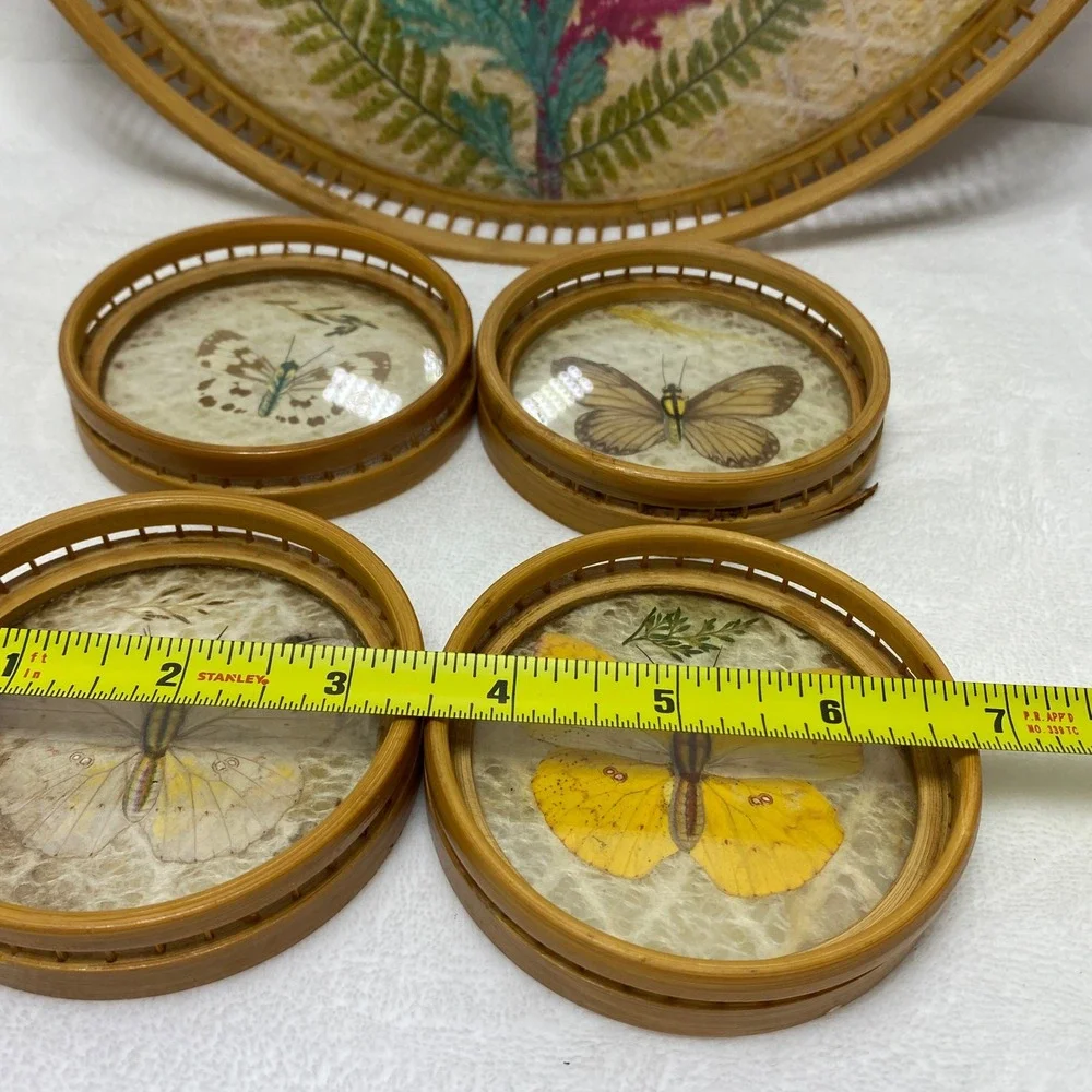Everglades Vintage Butterfly Bamboo‎ Tray 4 Coasters Set Home Decor Cottagecore